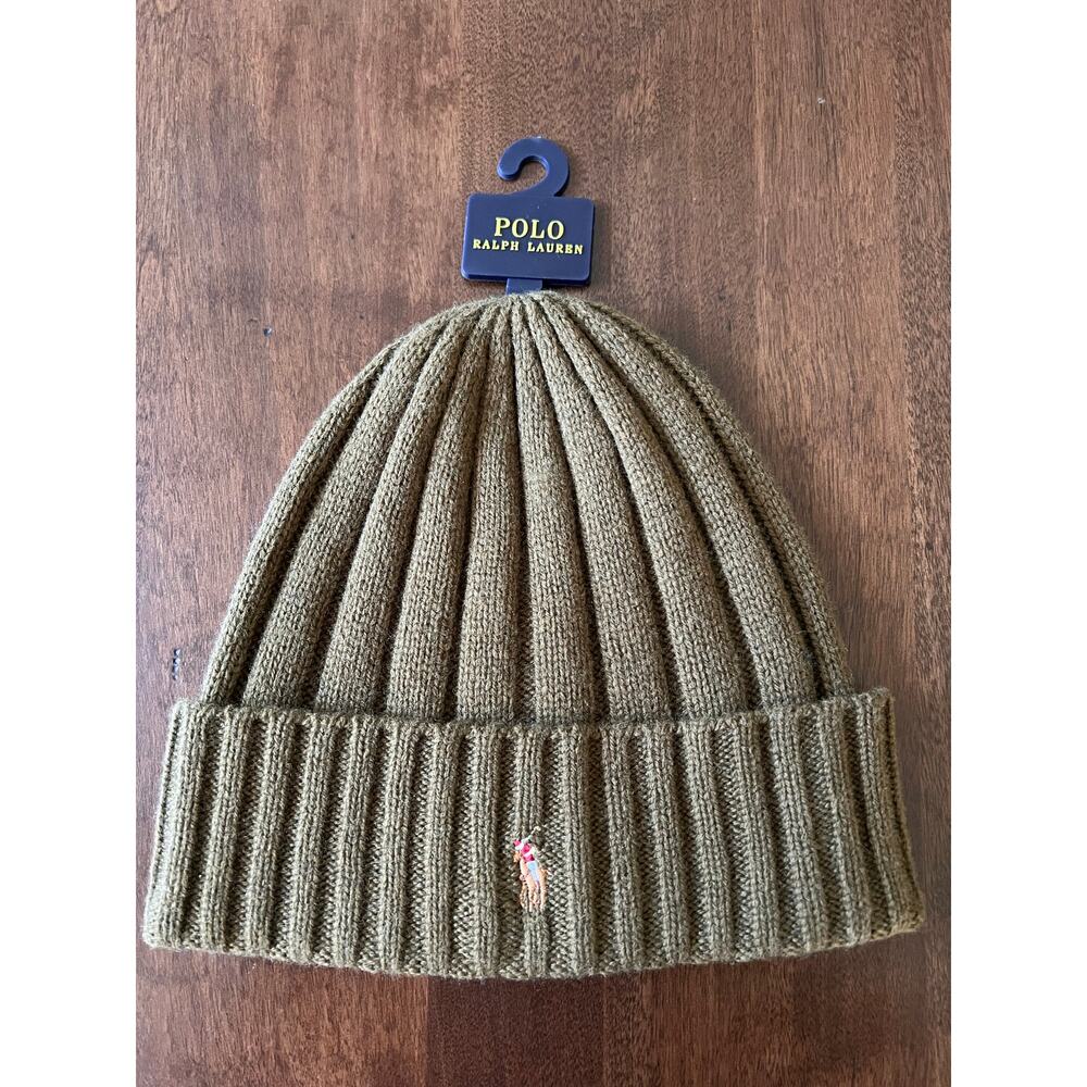 Polo Ralph Lauren Beanie Mens Army Green Flesh Pony Wool Blend Rib Knit Cuff NEW